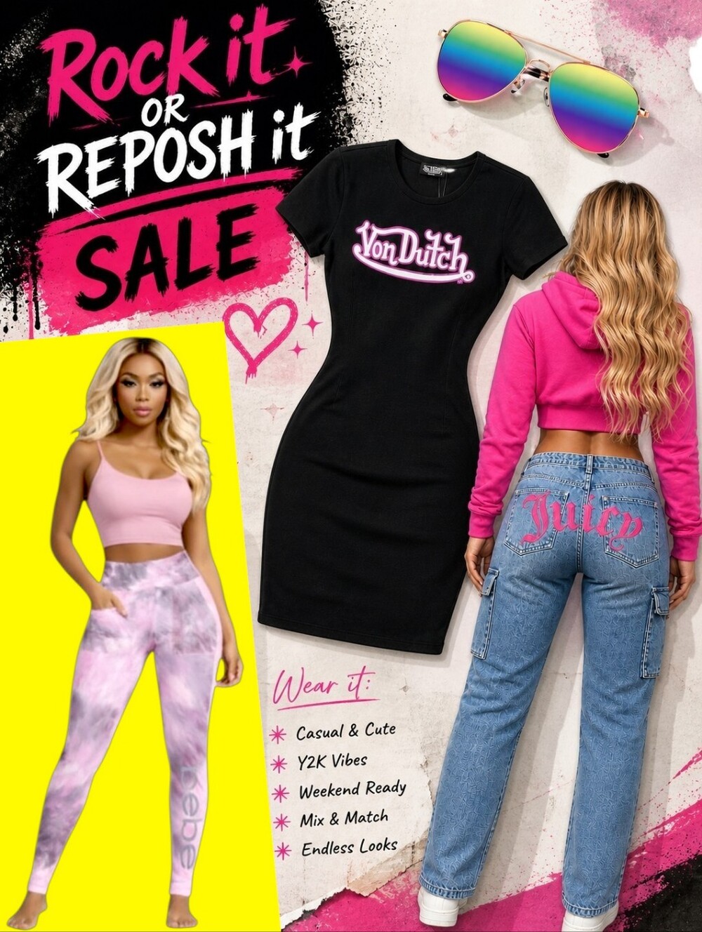 LOT 🥳 Women's SMALL JUICY COUTURE Jeans + BEBE Leggings VON DUTCH Dress